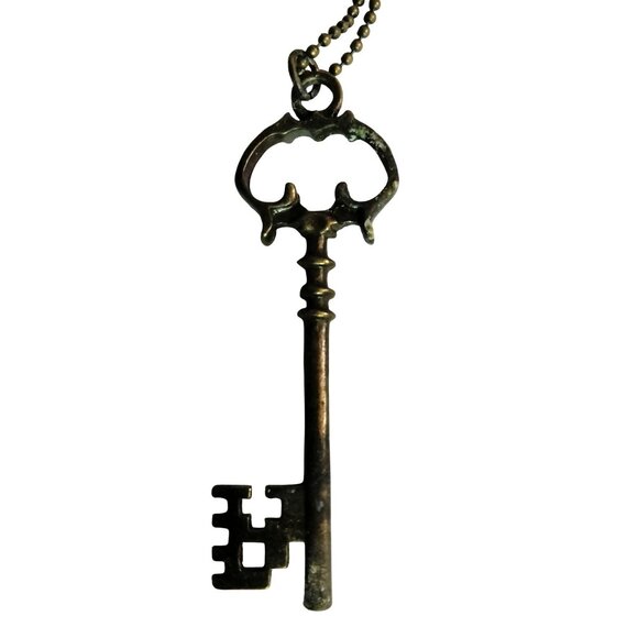 Skeleton Key Pendant Necklace Brass Ball Chain Vintage Style Steampunk Goth - Picture 4 of 7